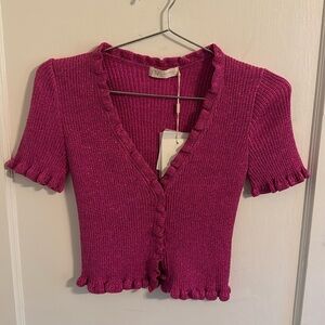 Women’s Neon Pink  Cropped Button Down V-Neck Shimmery Top with Ruffled Edges.